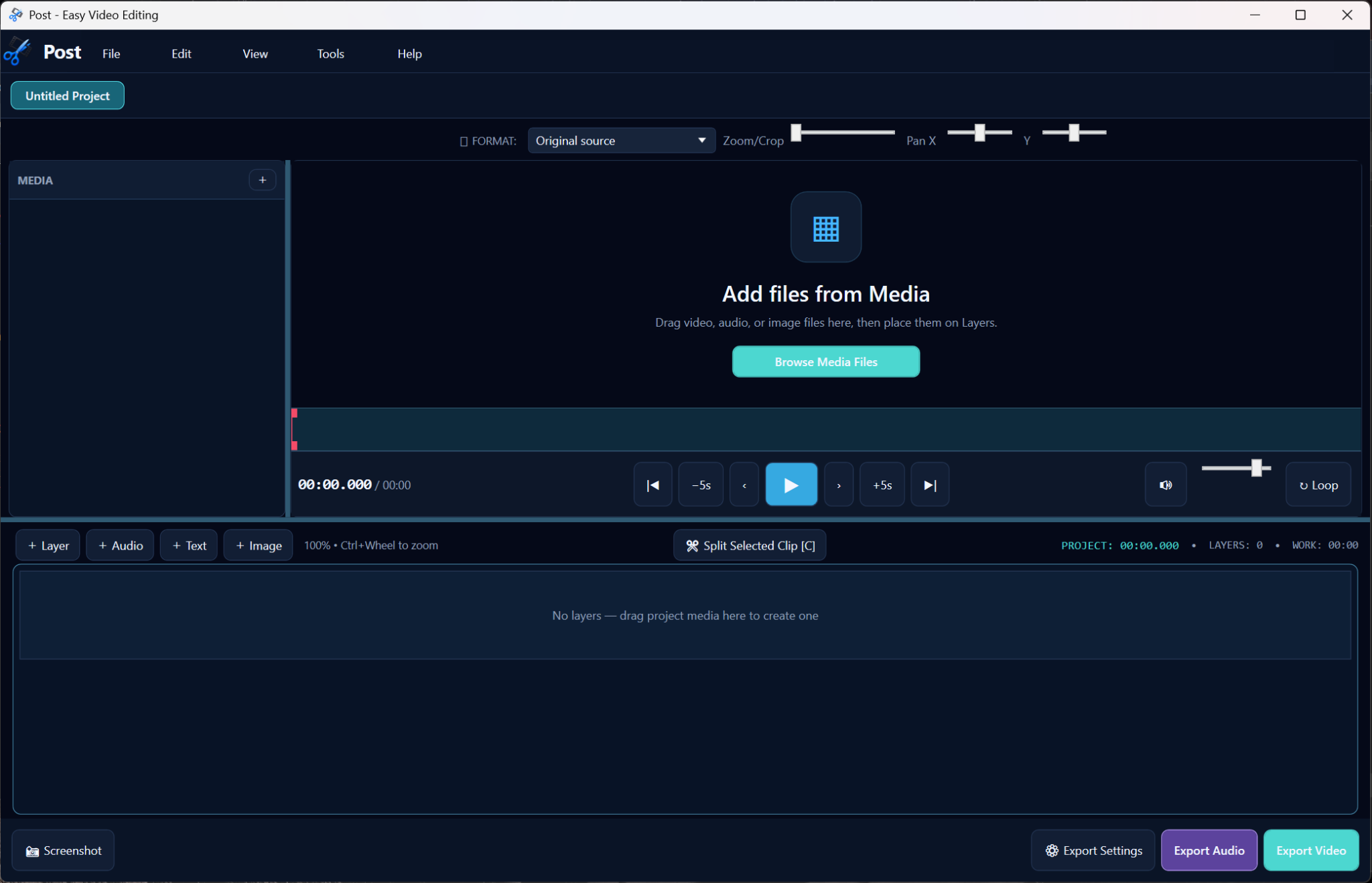 Post empty project screen with media import and timeline controls