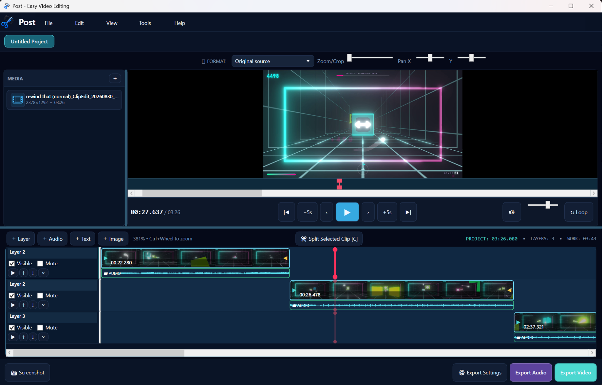 Post video editor with a layered timeline, video preview, waveform, and editing controls